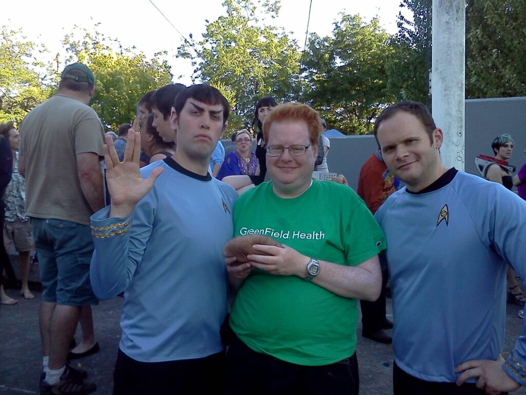 MH posing with Spock and McCoy at Trek in the Park